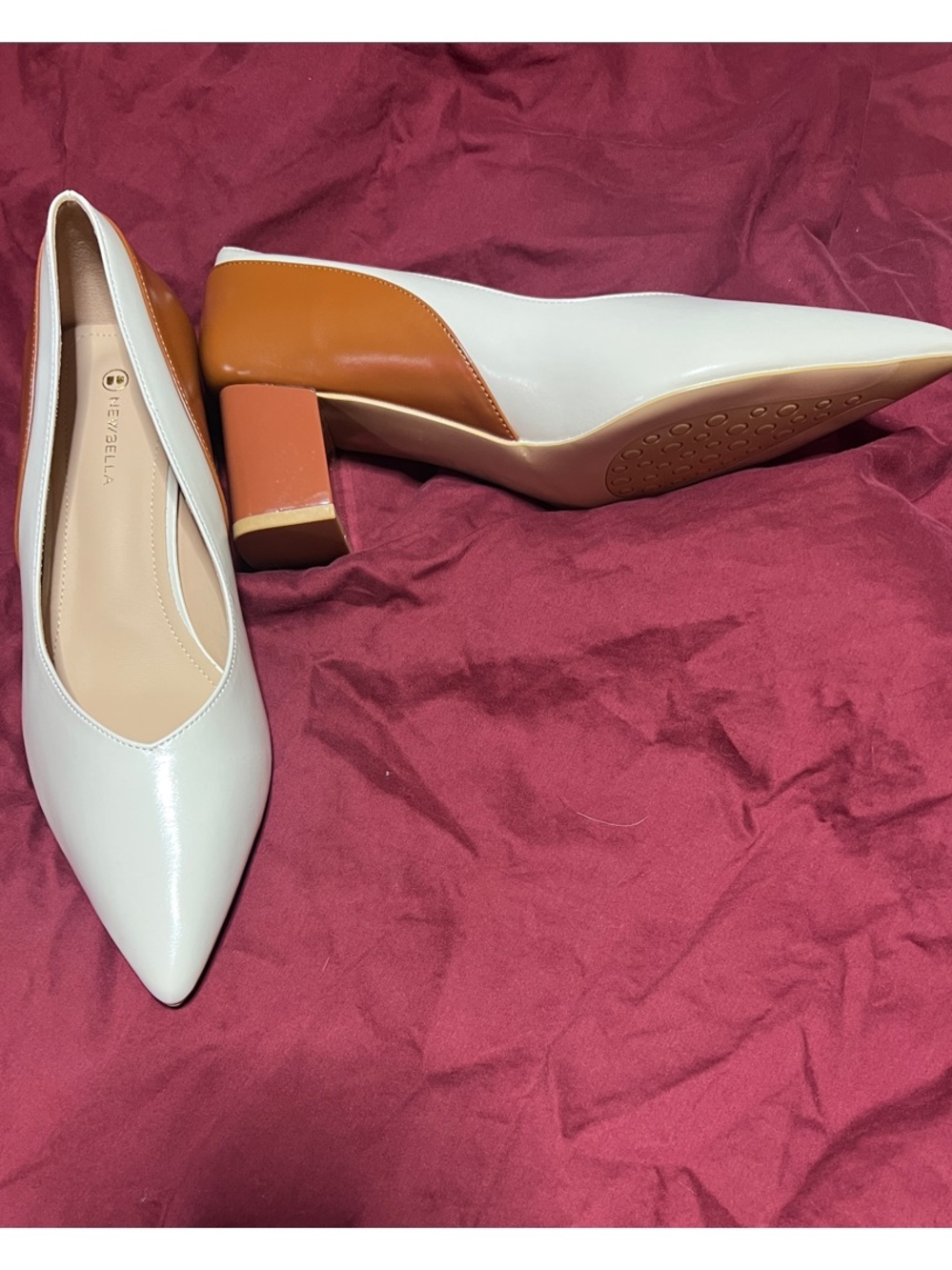 Newbella White and Tan Pointed Block Heel Pumps